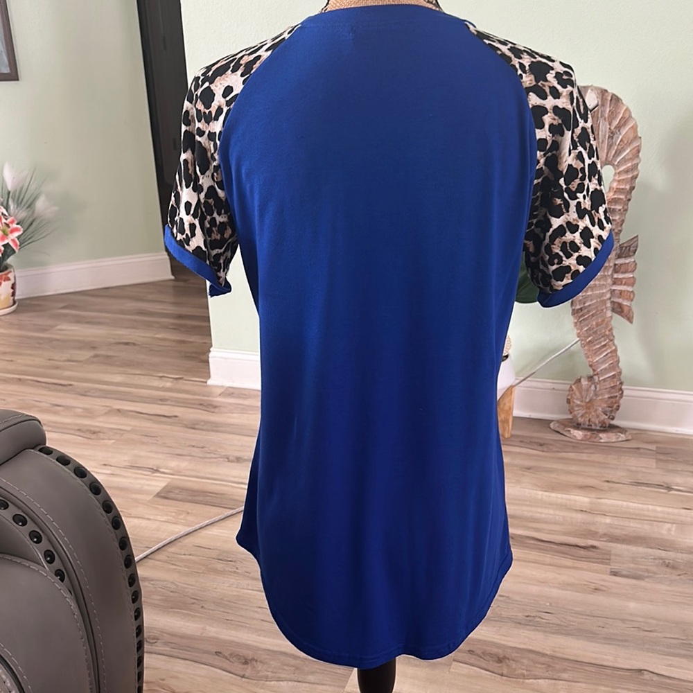 Royal Blue Women's Top with Leopard Print Sleeves - Picture 2 of 4